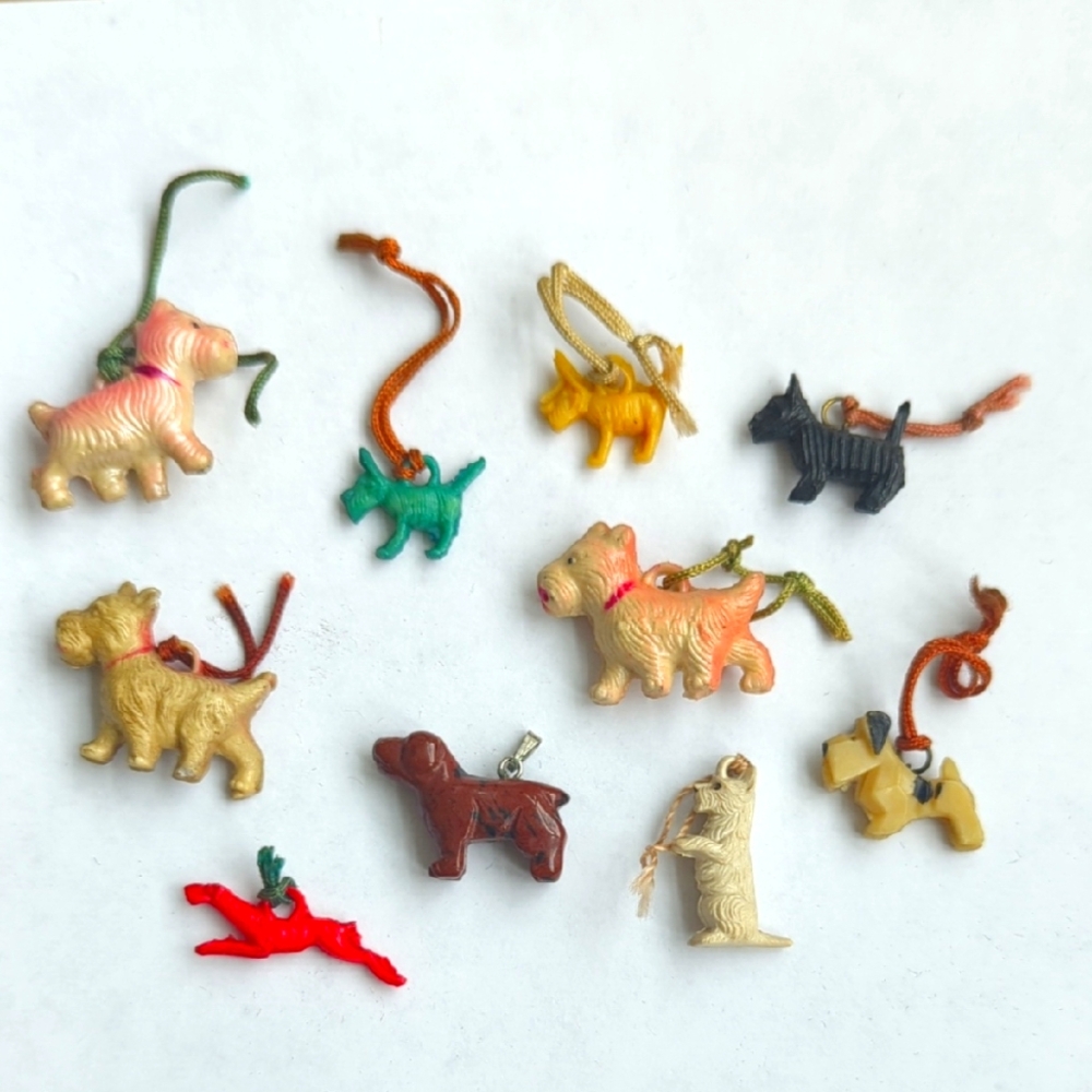 Vintage 1930s Cracker Jack Cellulose Dog Figurine Charms Set of 10